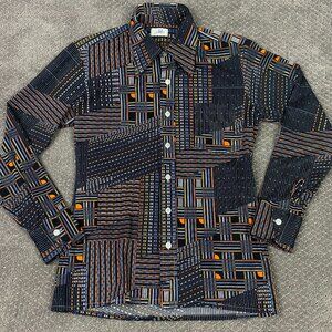 Vintage 70s Disco Shirt Mens Medium Geometric Dagger Collar Polyester elite